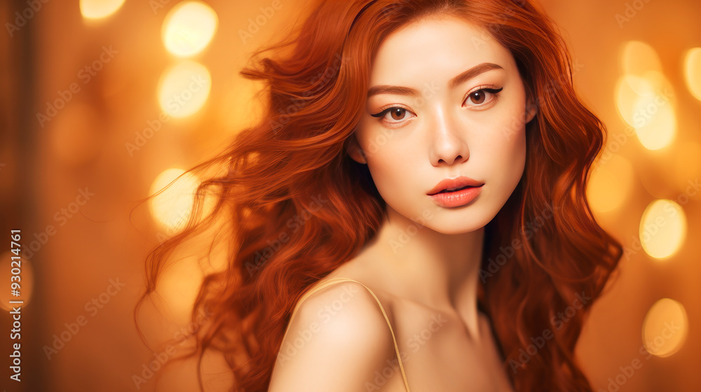 Portrait of a beautiful, sexy, smiling Asian woman with long red hair and perfect skin, golden background, banner. Portrait of a beautiful, sexy, smiling Asian woman with long red hair and perfect skin, golden background, banner.