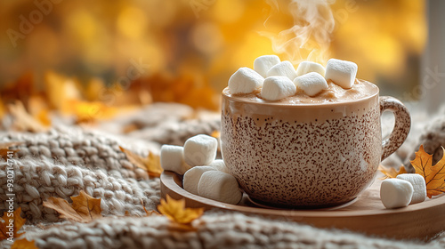 A cozy autumn scene with a cup of steaming hot chocolate, marshmallows, and a warm blanket, creating a comforting and seasonal atmosphere. photo