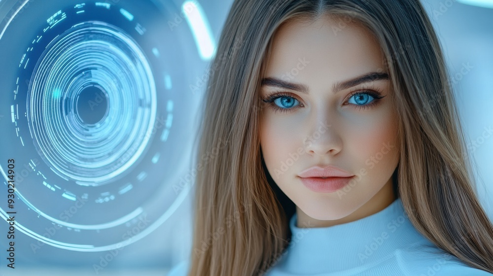 A woman with blue eyes and a futuristic background, AI A woman with blue eyes and a futuristic background, AI