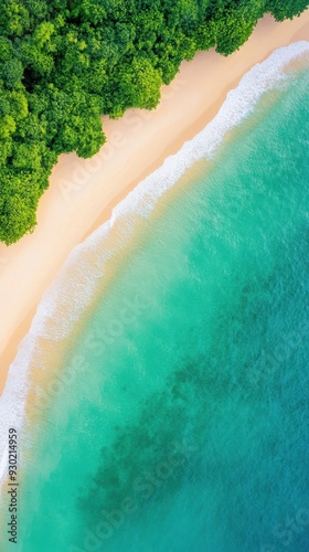 An aerial view of a tropical beach with turquoise waters gently lapping at the shore, surrounded by lush green vegetation