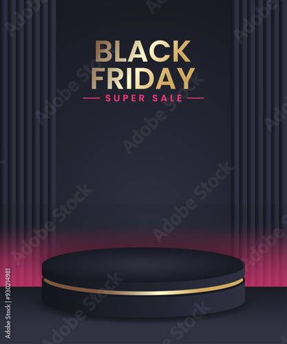 Dark 3D room with set of black and golden realistic cylinder pedestal podium in luxury style. Minimal scene for mockup product display presentation