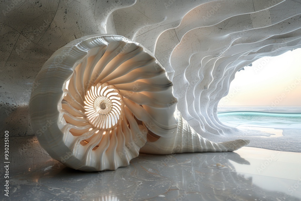 Obraz premium Beautifully intricate seashell with stunning spiral pattern, set against a serene ocean backdrop. Perfect for nature and beach lovers.