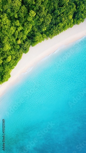 An aerial view of a tropical beach with turquoise waters gently lapping at the shore, surrounded by lush green vegetation