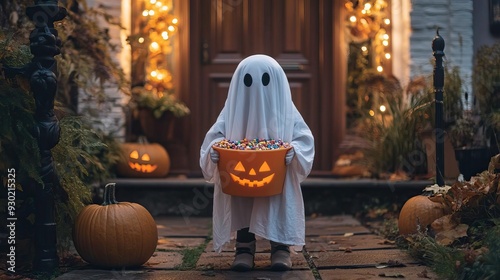 A playful ghost holding a pumpkin basket on a spooky Halloween night, surrounded by festive decorations and glowing lights. photo