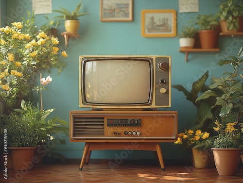 retro tv mockup vintage television set with blank screen nostalgic design subtle room reflection soft ambient lighting photo