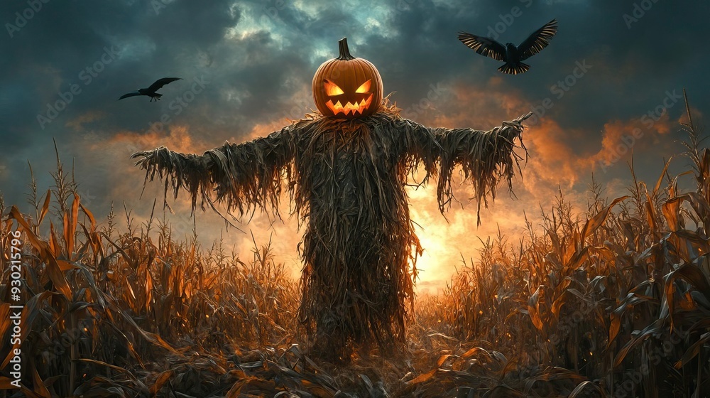 Fototapeta premium A spooky scarecrow with a carved pumpkin head stands in a dark cornfield, illuminated by an eerie twilight glow.