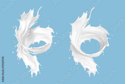 Twisted milk splashes isolated on blue background. Natural dairy product, yogurt or cream splash. Realistic vector illustration
