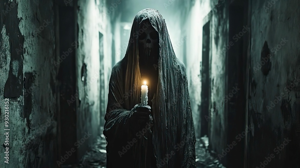 Eerie figure with dark cloak and candle, haunting an abandoned hallway, creating an aura of mystery and suspense. Eerie figure with dark cloak and candle, haunting an abandoned hallway, creating an aura of mystery and suspense.