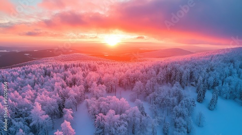 Fototapeta Naklejka Na Ścianę i Meble -  A breathtaking winter sunset over a snow-covered forest in Bieszczady, Poland, with the sky painted in shades of pink and orange.