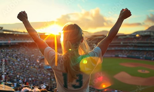 Female Fan Celebrates at a Baseball Game During Sunset