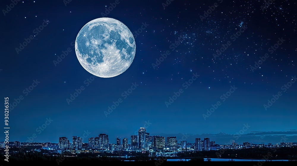 A bright full moon illuminates the clear blue sky, with the silhouette of a distant city skyline below, glowing softly in the night. A bright full moon illuminates the clear blue sky, with the silhouette of a distant city skyline below, glowing softly in the night.