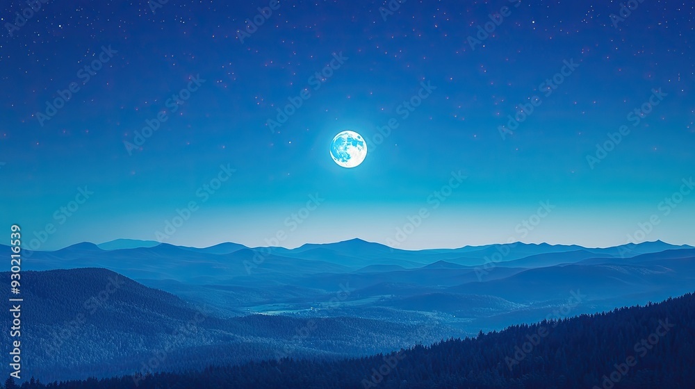 A bright full moon shines brilliantly in the clear blue sky, casting a serene glow over a peaceful landscape with distant mountains. A bright full moon shines brilliantly in the clear blue sky, casting a serene glow over a peaceful landscape with distant mountains.