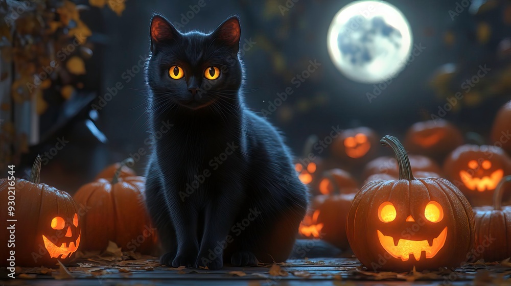 Naklejka premium A black cat sits among glowing pumpkins under a full moon, creating a mystical Halloween atmosphere.
