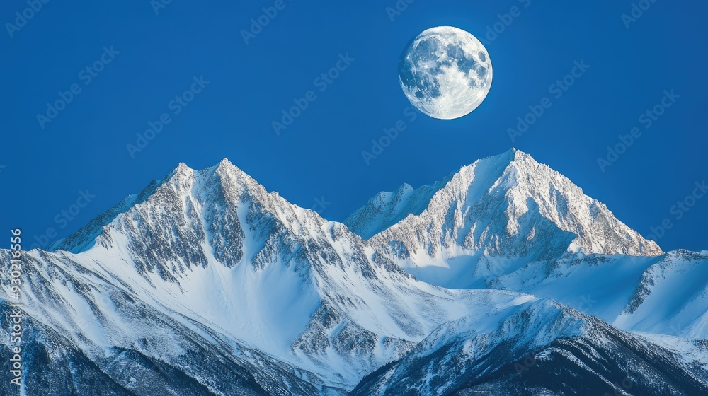 A bright full moon shines in the clear blue sky, highlighting the peaks of snow-covered mountains beneath its soft light. A bright full moon shines in the clear blue sky, highlighting the peaks of snow-covered mountains beneath its soft light.