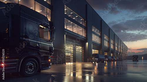 A modern warehouse with a black truck parked in front, illuminated by lights inside the building. photo