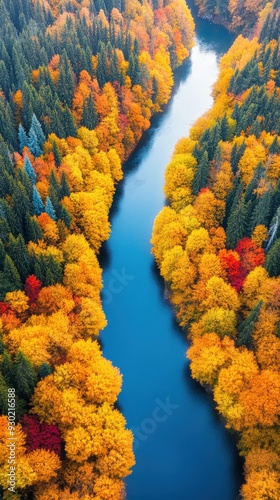 An aerial view of a dense forest with a river cutting through, the trees showing vibrant autumn colors, and the river reflecting the sky