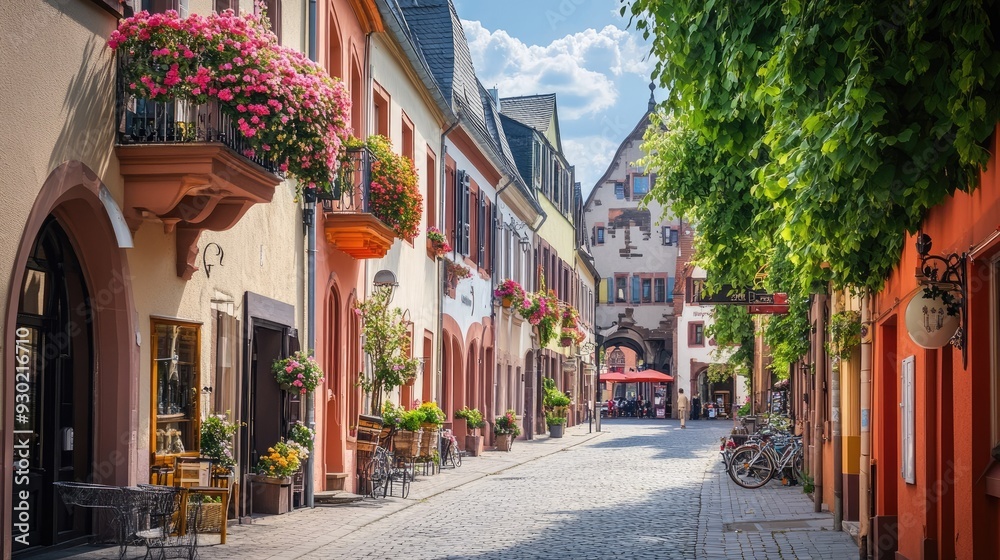 Fototapeta premium A charming corner of the old city of Mainz, with its traditional German architecture, flower-adorned balconies, and lively street scenes.