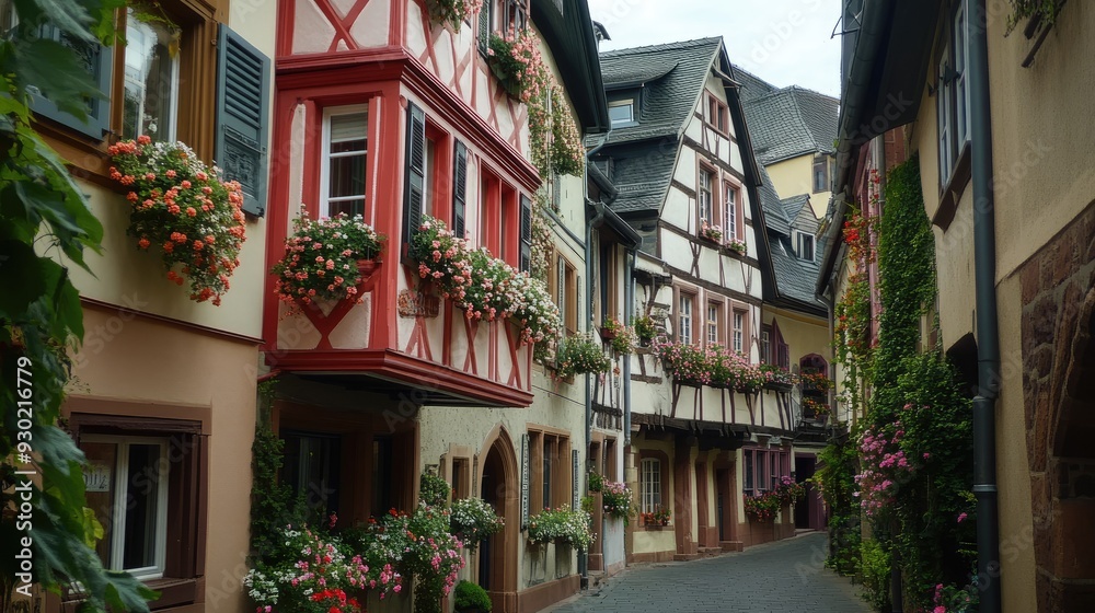 Fototapeta premium A charming corner of the old city of Mainz, with its traditional German architecture, flower-adorned balconies, and lively street scenes.