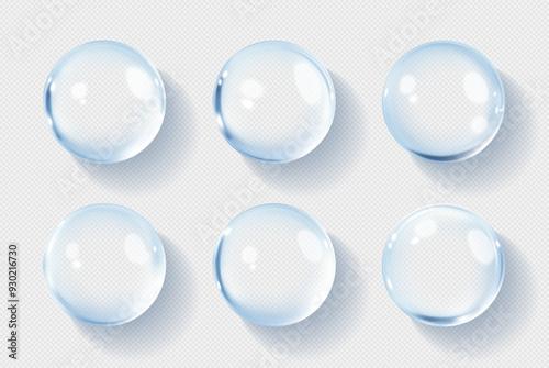 Hyaluronic acid  bubbles. Collagen clear drops. Cosmetic serum. Skincare product. Vector illustration