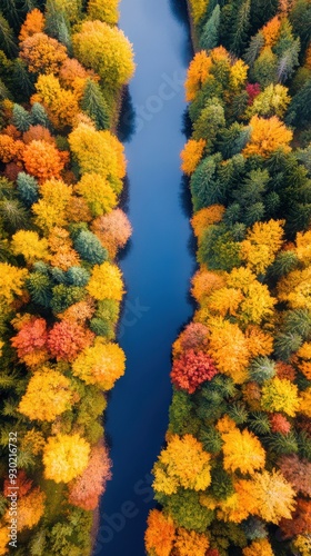 An aerial view of a dense forest with a river cutting through, the trees showing vibrant autumn colors, and the river reflecting the sky