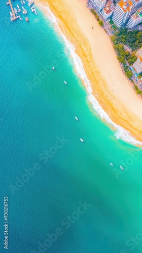 An aerial view of a coastal city, where urban sprawl meets the ocean, with sandy beaches, docks, and a harbor filled with boats