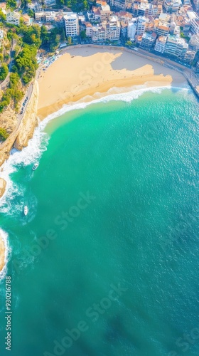An aerial view of a coastal city, where urban sprawl meets the ocean, with sandy beaches, docks, and a harbor filled with boats