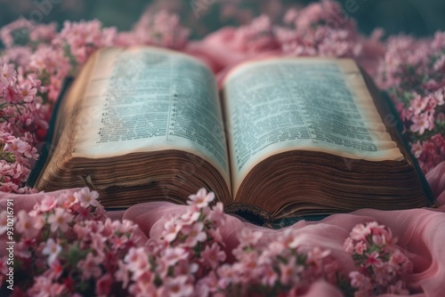 Open Book Surrounded by Delicate Pink Flowers