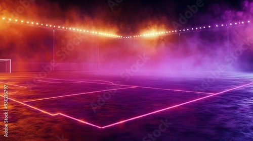 textured soccer game field with neon fog - center, midfield