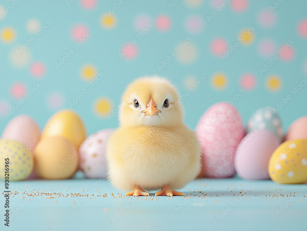 Cute yellow chick on colorful polka dot background with Easter eggs, playful spring scene Cute yellow chick on colorful polka dot background with Easter eggs, playful spring scene