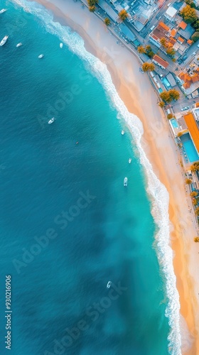 An aerial view of a coastal city, where urban sprawl meets the ocean, with sandy beaches, docks, and a harbor filled with boats