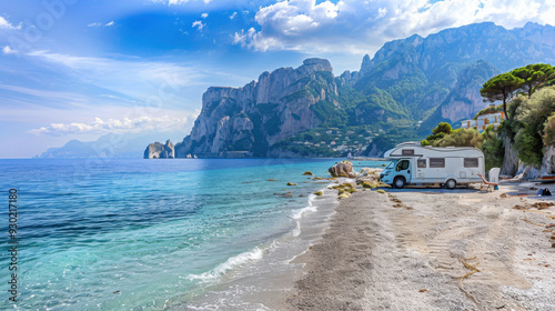 A motorhome on the beach of Capri Island in Italy, with clear blue water and mountains in the background