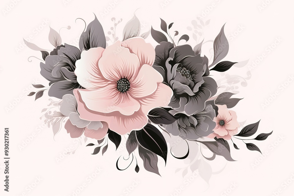 Watercolor arrangement with flowers and leaves isolated on a white background. Trendy delicate light blush of a rose. Perfect for greeting cards, wedding stationary, fashion and decorations.