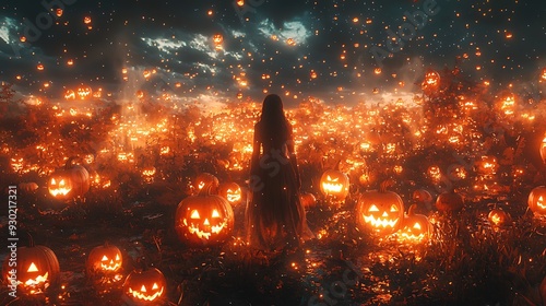 A surreal Halloween dreamscape with floating pumpkins, eerie ghosts, and glowing lanterns suspended in mid-air 