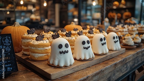 A spooky Halloween-themed bakery with cakes and pastries shaped like ghosts, bats, and pumpkins, displayed on a rustic wooden counter  photo