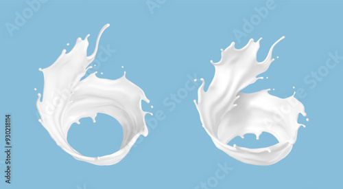 Twisted milk splashes isolated on blue background. Natural dairy product, yogurt or cream splash. Realistic vector illustration