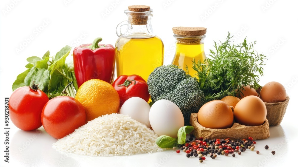 A collection of nutritious foods including vegetables, eggs, fruit, rice, and oil, set against a white background. The essentials for a balanced and healthy diet. A collection of nutritious foods including vegetables, eggs, fruit, rice, and oil, set against a white background. The essentials for a balanced and healthy diet.