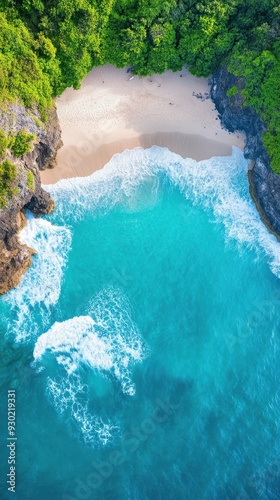 Aerial of a hidden beach surrounded by cliffs, with waves crashing against the rocks and seagulls flying overhead, capturing the untouched beauty of nature