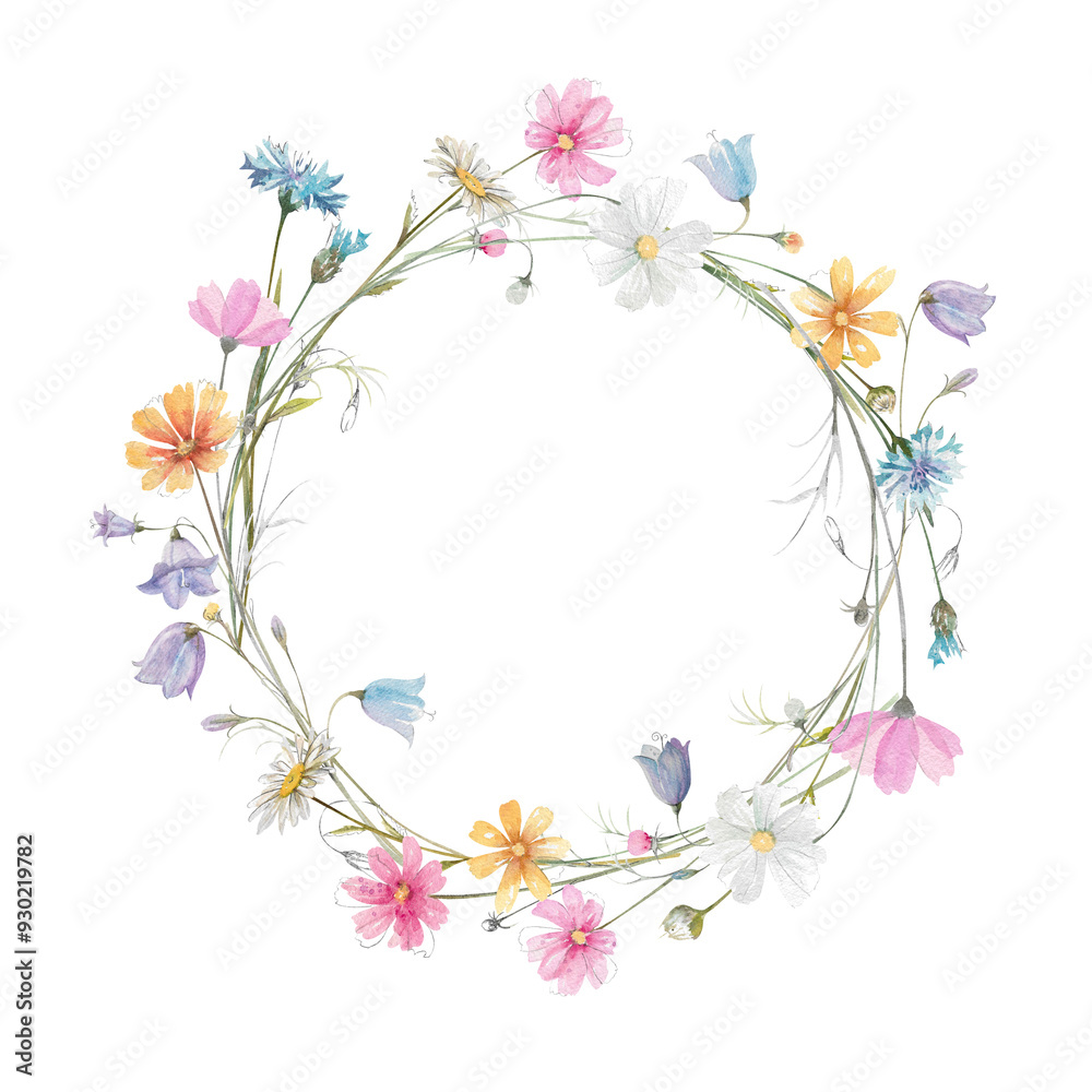 Hand drawn watercolor wildflowers round frame illustration. Cute floral wreath with buds and leaves Hand drawn watercolor wildflowers round frame illustration. Cute floral wreath with buds and leaves