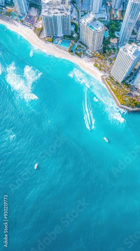 An aerial perspective of a coastal city, where modern buildings meet the ocean, with waves gently crashing against the shore and boats docked in the marina