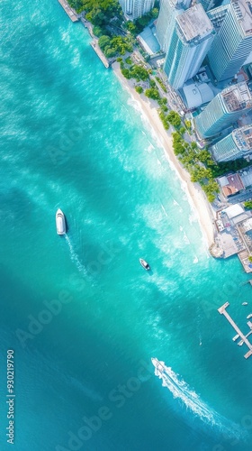 An aerial perspective of a coastal city, where modern buildings meet the ocean, with waves gently crashing against the shore and boats docked in the marina