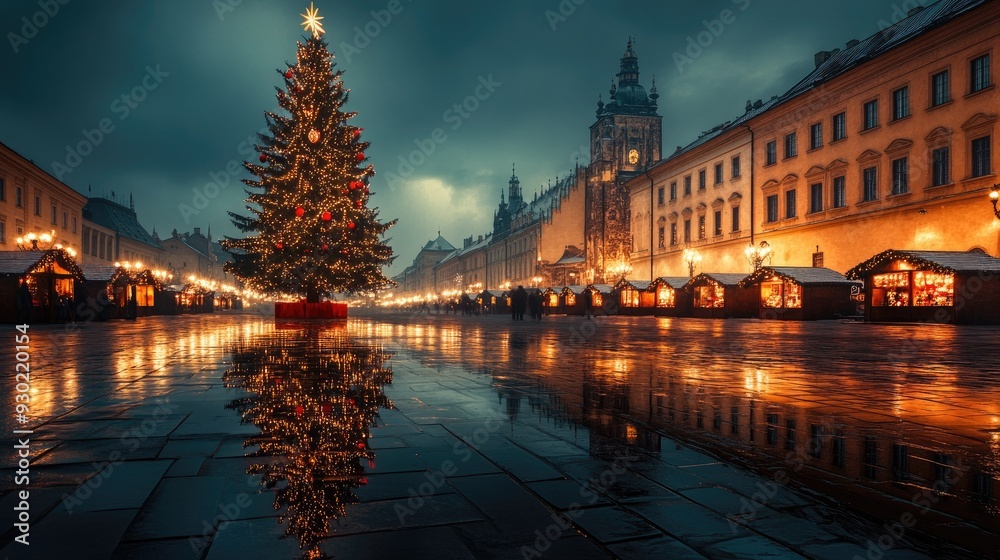 Fototapeta premium A festive Christmas tree in Krakow's Main Market Square, standing tall next to the illuminated Cloth Hall, capturing the magic of the holiday season in this historic city.