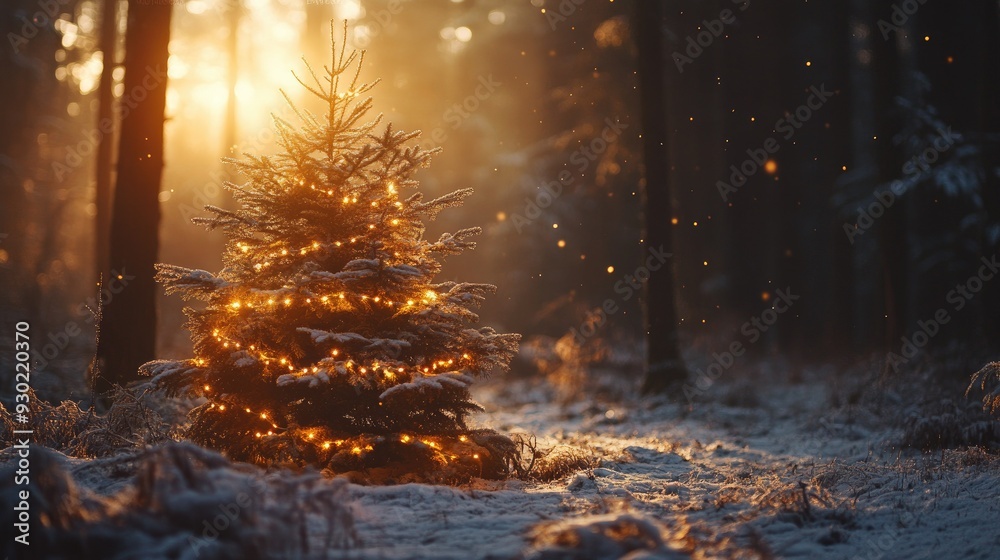 A festive fir tree decorated with garland lights, standing in a peaceful winter forest bathed in warm sunlight.