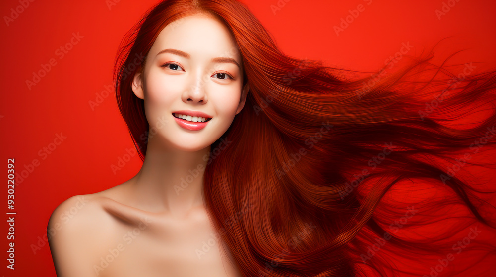 Portrait of a beautiful, sexy, smiling, happy Asian woman with long red hair and perfect skin, red background, banner. Portrait of a beautiful, sexy, smiling, happy Asian woman with long red hair and perfect skin, red background, banner.