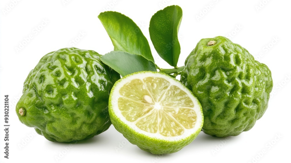 A fresh green bergamot fruit with a half-cut piece beside it, showcasing the juicy interior on a crisp white background. A fresh green bergamot fruit with a half-cut piece beside it, showcasing the juicy interior on a crisp white background.