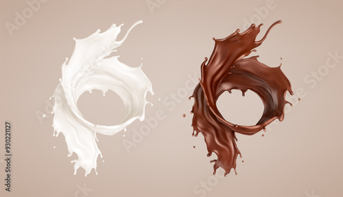 Milk and chocolate splash. Milkshake and melted brown choco. Realistic vector illustration