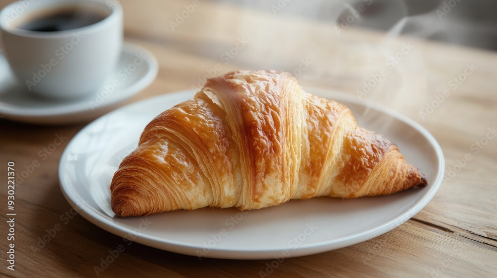A freshly baked croissant with a crispy, layered texture on a white plate, placed on a wooden table with a steaming cup of coffee nearby. A freshly baked croissant with a crispy, layered texture on a white plate, placed on a wooden table with a steaming cup of coffee nearby.