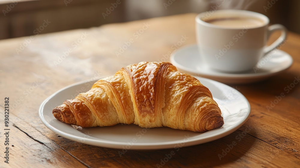 A freshly baked croissant with a crispy, layered texture on a white plate, placed on a wooden table with a steaming cup of coffee nearby. A freshly baked croissant with a crispy, layered texture on a white plate, placed on a wooden table with a steaming cup of coffee nearby.