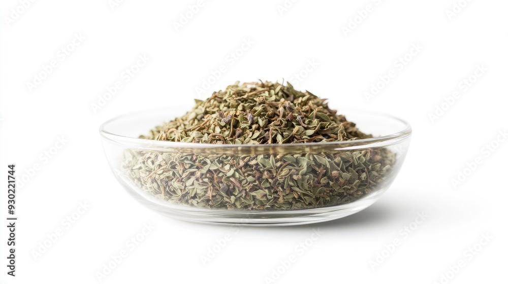 A front-facing shot of dried oregano in a transparent bowl, isolated on white, with a minimalistic composition that highlights the herb's texture. A front-facing shot of dried oregano in a transparent bowl, isolated on white, with a minimalistic composition that highlights the herb's texture.
