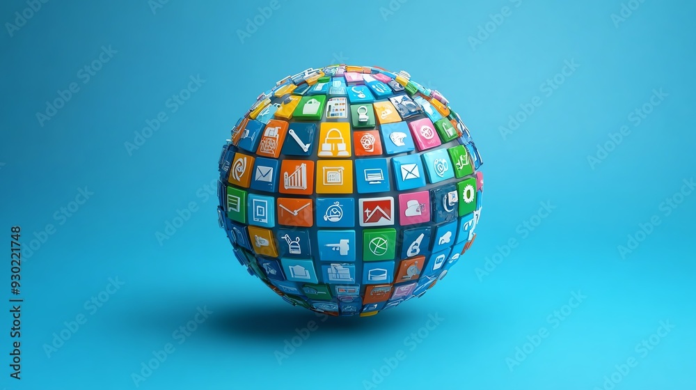 Colorful digital globe made of app icons representing connectivity and technology in a vibrant blue background. Colorful digital globe made of app icons representing connectivity and technology in a vibrant blue background.