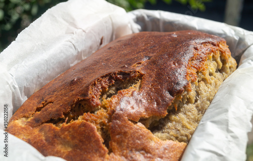 Baked banana bread in a baking dish. Baking in a baking dish close-up photo